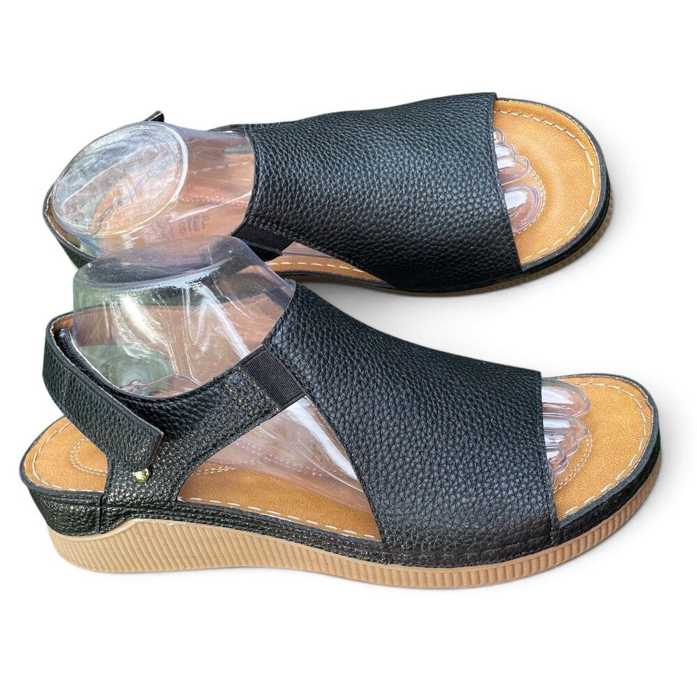 Flex Step Leyna Sandals Womens 8.5M Black Comfort Wedge Resort Hook Loop NWOT